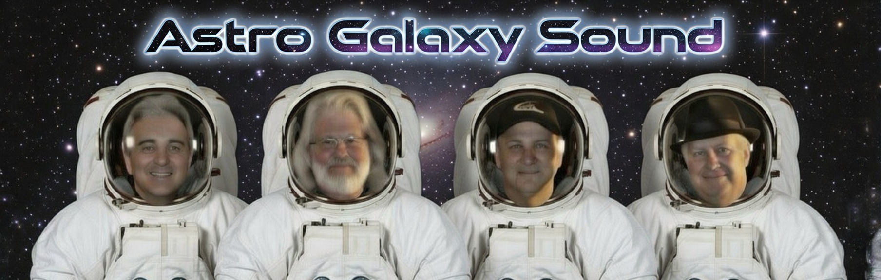 Astro Galaxy Sound: the four band members, Greg, Scott, Jon and John, in astronaut suits floating in a starfield beneath the band logo